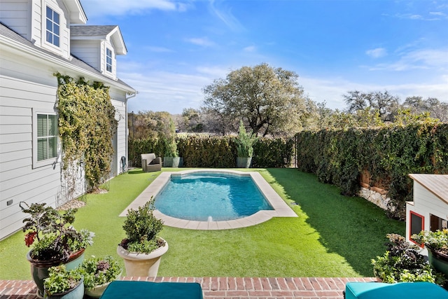 view of pool with a lawn, a fenced backyard, and a fenced in pool