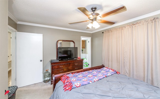 carpeted bedroom featuring crown molding, ceiling fan, and a textured ceiling