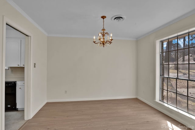 unfurnished dining area featuring visible vents, crown molding, and light wood finished floors