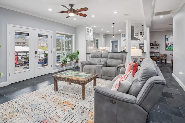 living area featuring ornamental molding, french doors, and recessed lighting