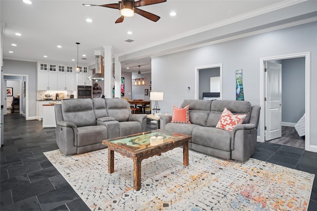 154 Bayside Cir, Malakoff, TX 75148 - living room with a ceiling fan, recessed lighting, ornamental molding, baseboards, and dark stone finish floors