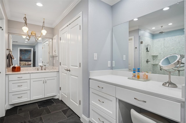 full bathroom with recessed lighting, crown molding, a shower stall, and vanity