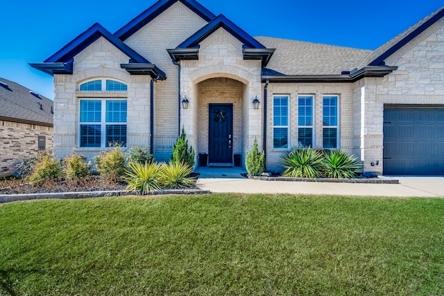 french provincial home with a garage, brick siding, a front lawn, and roof with shingles