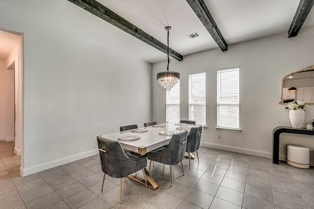 dining space featuring light tile patterned floors, beam ceiling, visible vents, and baseboards