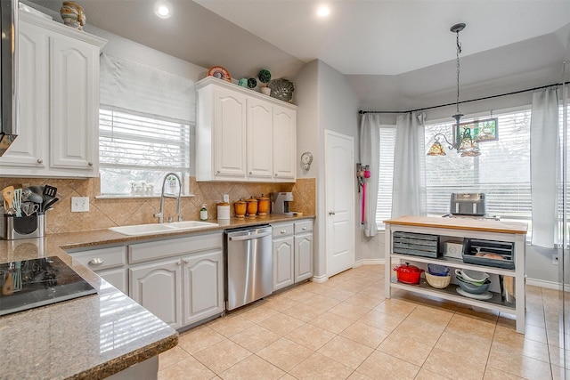 kitchen with white cabinetry, dishwasher, a sink, and black electric cooktop