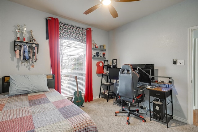 bedroom featuring carpet floors, ceiling fan, and baseboards