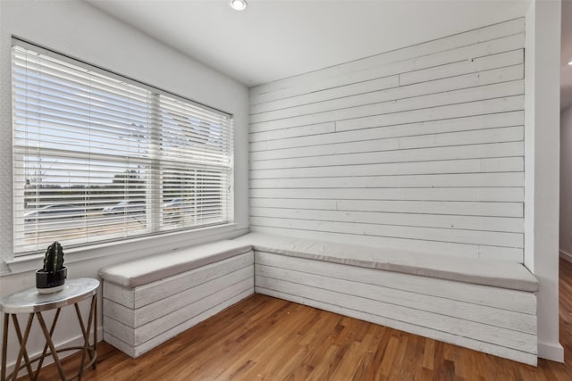 living area featuring a sauna and wood finished floors