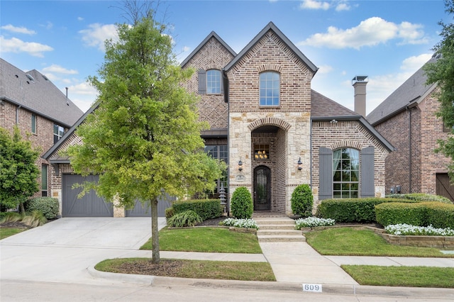 french country inspired facade with brick siding, roof with shingles, concrete driveway, a garage, and stone siding