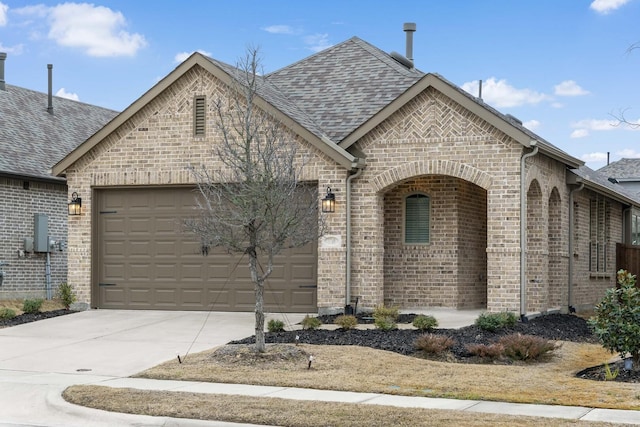 french provincial home with an attached garage, brick siding, concrete driveway, and roof with shingles