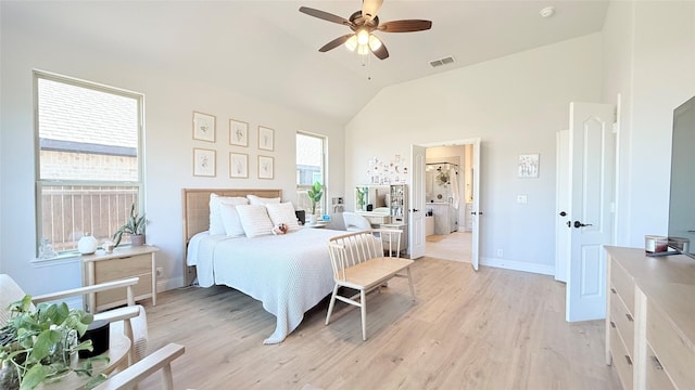 bedroom with baseboards, visible vents, lofted ceiling, ceiling fan, and light wood-type flooring