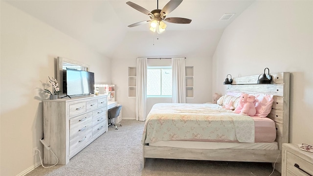 bedroom featuring lofted ceiling, light carpet, visible vents, baseboards, and a ceiling fan