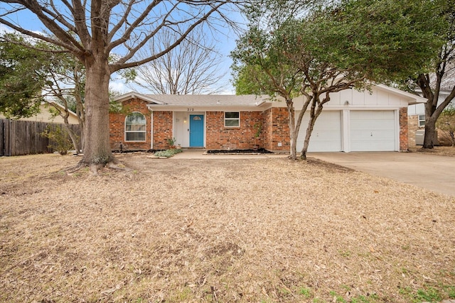 ranch-style home featuring an attached garage, fence, concrete driveway, and brick siding