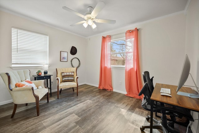 home office with ceiling fan, ornamental molding, wood finished floors, and baseboards