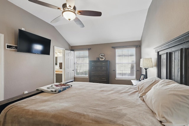 bedroom featuring lofted ceiling and ceiling fan