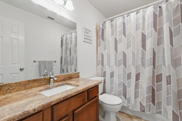 full bathroom featuring toilet, tile patterned flooring, vanity, and visible vents