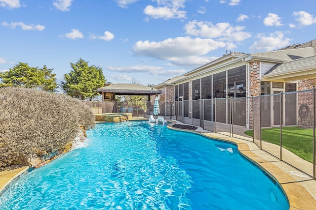 5805 Parker Village Dr, Parker, TX 75002 - view of swimming pool with a fenced backyard, a sunroom, a gazebo, a patio area, and a pool with connected hot tub