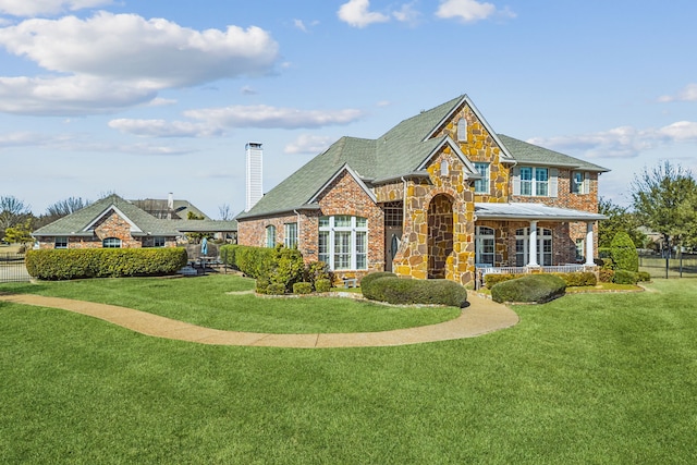 5805 Parker Village Dr, Parker, TX 75002 - view of front of property with stone siding, a porch, a chimney, brick siding, and a shingled roof