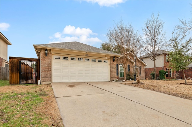 ranch-style house with brick siding, a gate, fence, a garage, and driveway