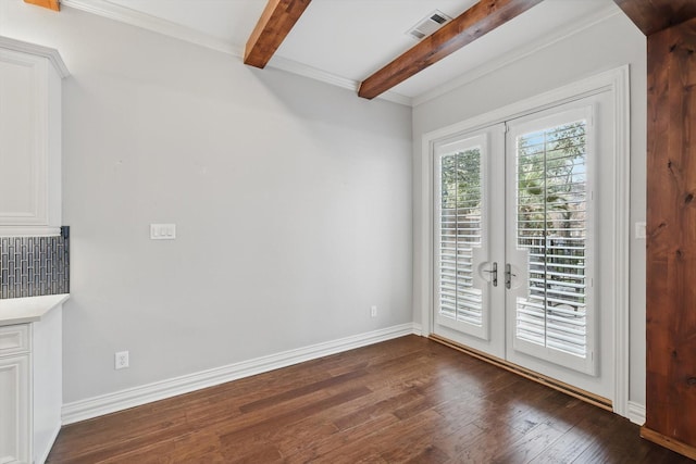 interior space with baseboards, visible vents, beamed ceiling, dark wood-type flooring, and french doors