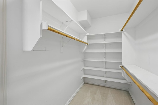 walk in closet featuring light colored carpet