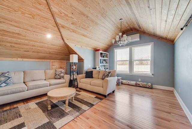 living room with baseboards, a chandelier, wood ceiling, vaulted ceiling, and hardwood / wood-style flooring