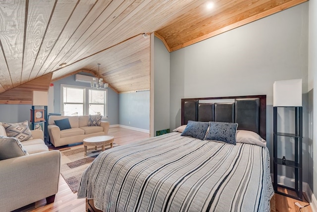 bedroom featuring baseboards, a chandelier, vaulted ceiling, wooden ceiling, and wood finished floors