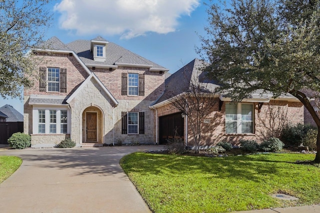 view of front facade with brick siding, an attached garage, a shingled roof, a front yard, and driveway