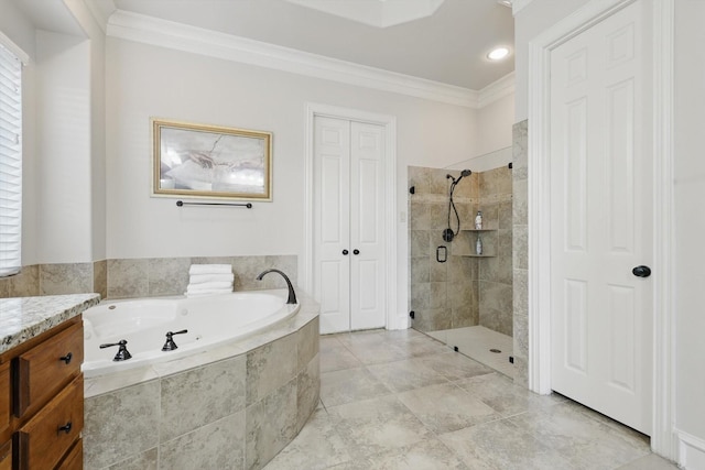 full bath featuring vanity, a stall shower, crown molding, and a bath