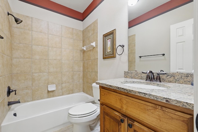 full bathroom featuring bathtub / shower combination, toilet, and vanity