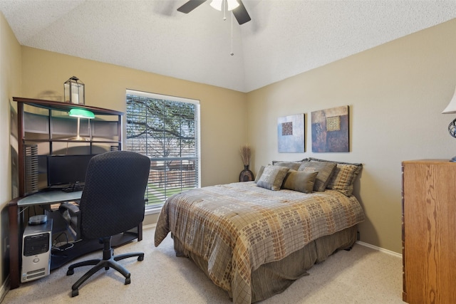 bedroom with lofted ceiling, light colored carpet, a textured ceiling, and baseboards