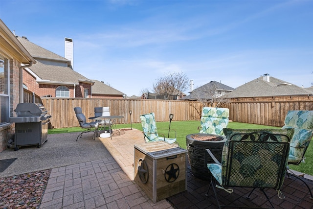 view of patio featuring a fenced backyard and a grill