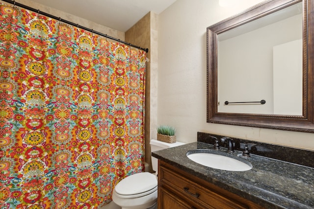 full bathroom featuring a shower with curtain, vanity, and toilet