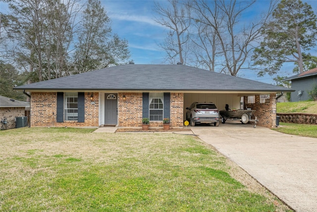 ranch-style house with brick siding, cooling unit, concrete driveway, a front yard, and an attached carport