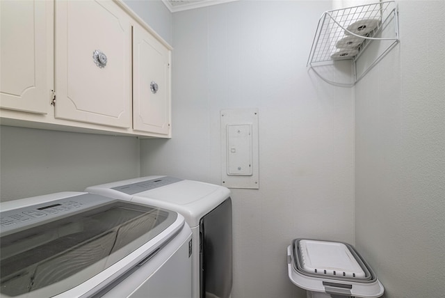 clothes washing area with cabinet space and washer and clothes dryer