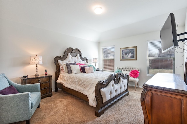 bedroom with light carpet, baseboards, and multiple windows