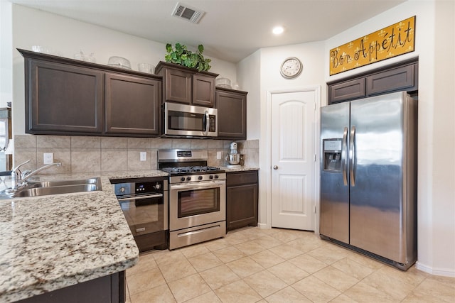 kitchen with stainless steel appliances, a sink, visible vents, dark brown cabinets, and decorative backsplash