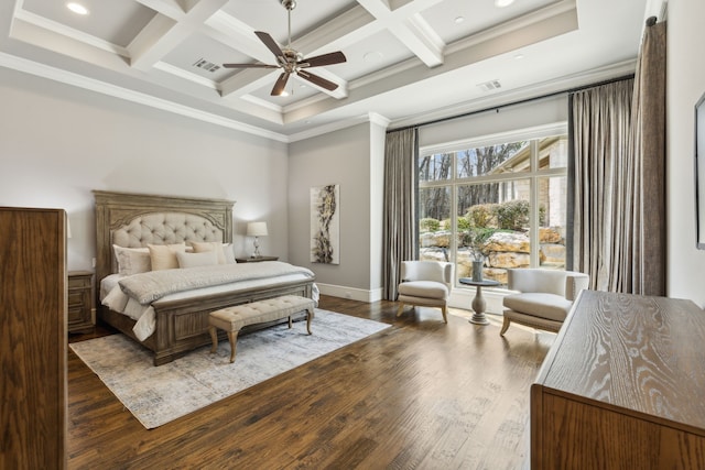 bedroom featuring visible vents, ornamental molding, wood finished floors, coffered ceiling, and beamed ceiling