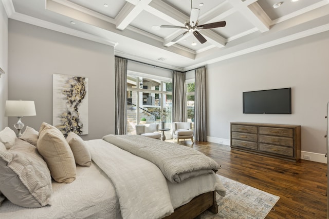 bedroom with dark wood-style flooring, beam ceiling, crown molding, coffered ceiling, and baseboards