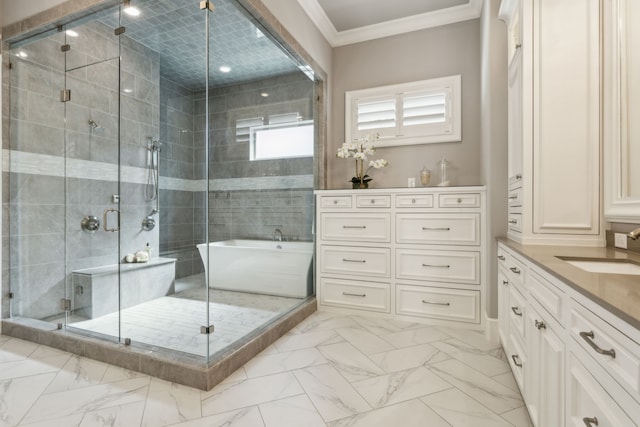 bathroom featuring a stall shower, marble finish floor, crown molding, and vanity