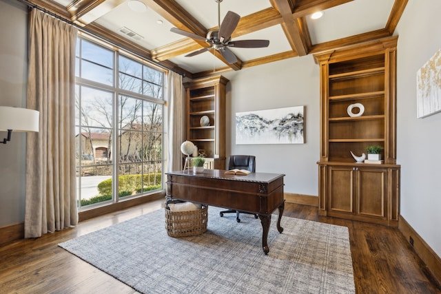 office space with dark wood-style floors, baseboards, visible vents, and coffered ceiling