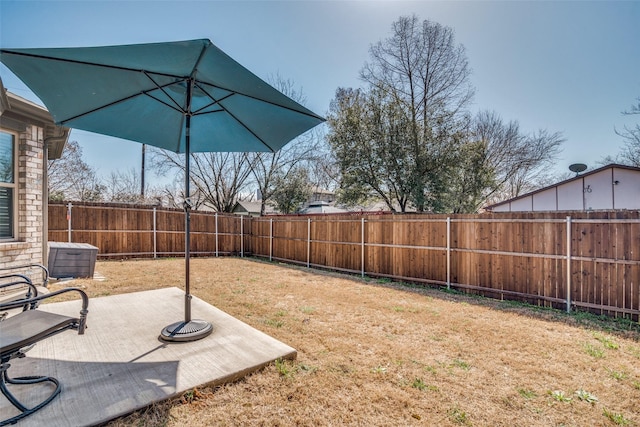 view of yard featuring a patio area and a fenced backyard