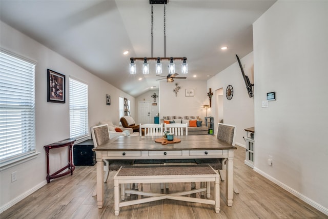 dining area featuring light wood-style flooring, recessed lighting, a ceiling fan, and baseboards