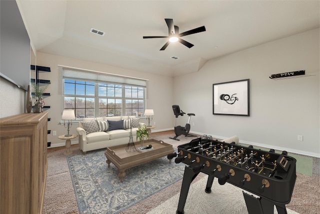 playroom featuring a ceiling fan, baseboards, visible vents, and carpet flooring