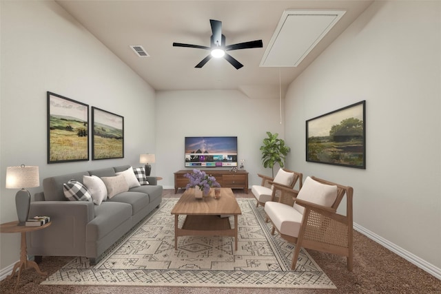 living area featuring light carpet, visible vents, baseboards, a ceiling fan, and attic access