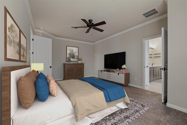 bedroom featuring crown molding, visible vents, carpet flooring, ceiling fan, and baseboards