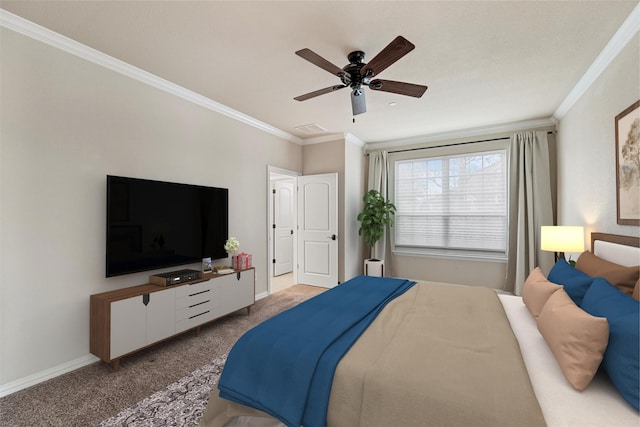 carpeted bedroom with baseboards, visible vents, ceiling fan, and crown molding