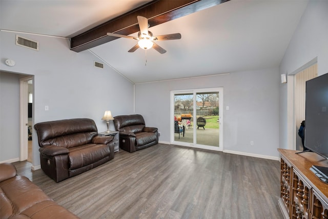 living room featuring vaulted ceiling with beams, baseboards, visible vents, and wood finished floors