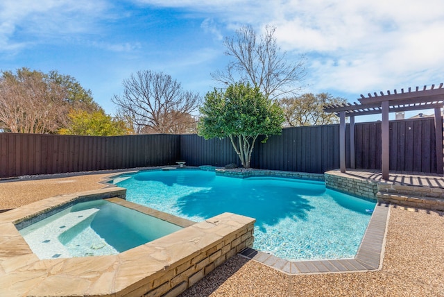 view of swimming pool with a fenced in pool, a fenced backyard, and a pergola