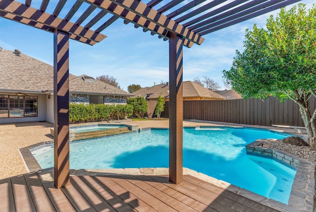 view of swimming pool featuring a fenced backyard, a pergola, a fenced in pool, and an in ground hot tub