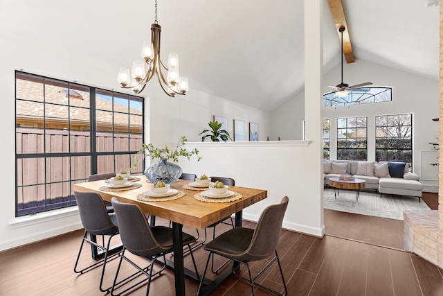 dining space with beam ceiling, dark wood-type flooring, high vaulted ceiling, baseboards, and ceiling fan with notable chandelier